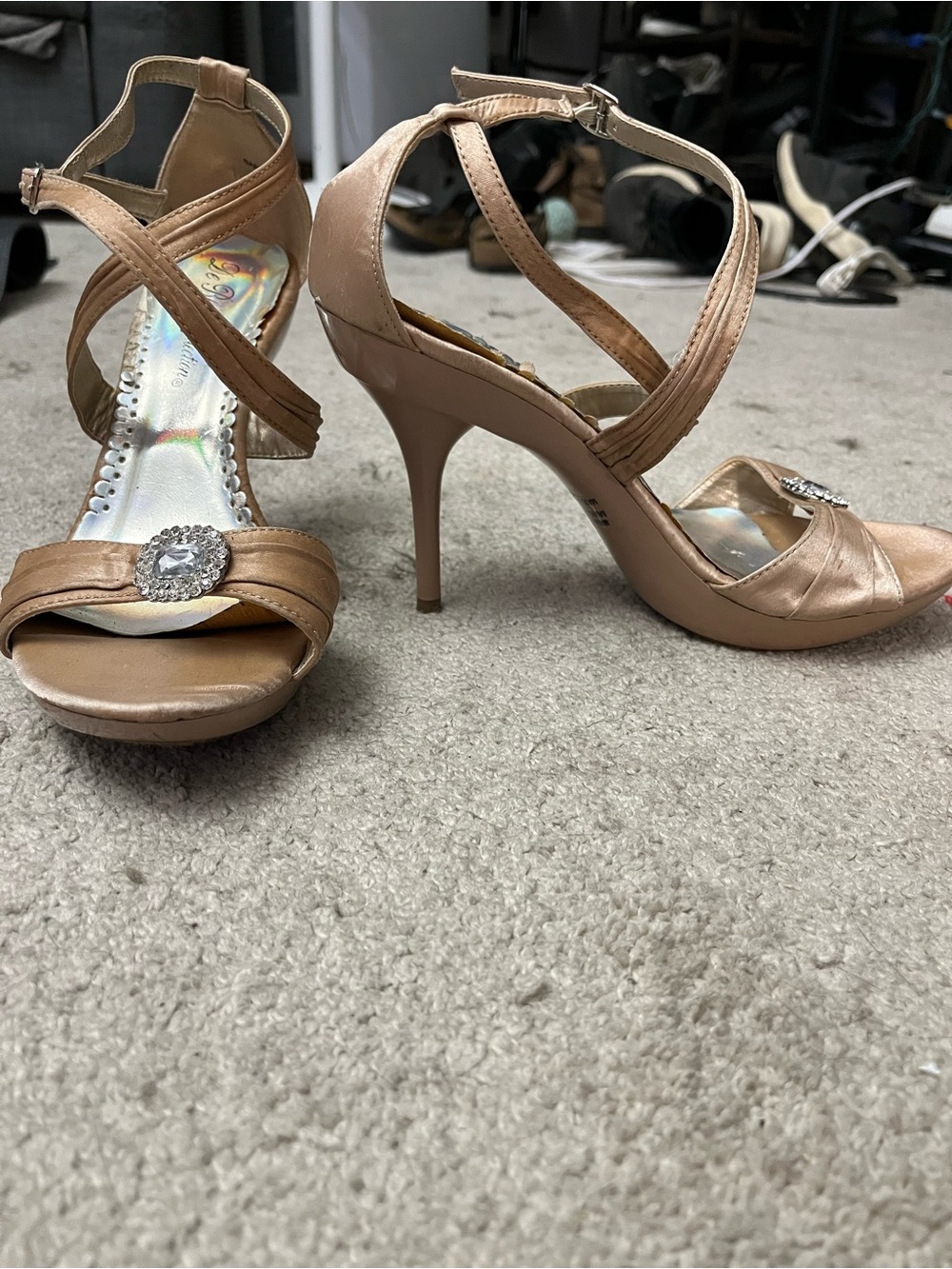 De Blossom Collection Strappy Rhinestone Accent High Heel Sandals - Nude